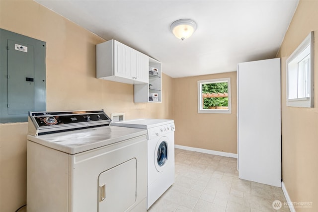 13720 Corliss Ave N, Seattle, WA 98133 - laundry room with electric panel, washing machine and clothes dryer, cabinet space, and baseboards