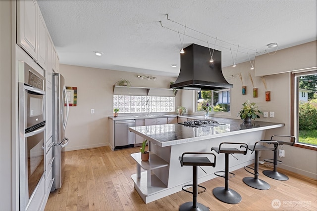 8814 Earl Ave NW, Seattle, WA 98117 - kitchen featuring island exhaust hood, stainless steel appliances, a peninsula, open shelves, and a textured ceiling