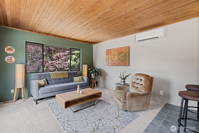 8814 Earl Ave NW, Seattle, WA 98117 - carpeted living area featuring a wall unit AC, wood ceiling, and tile patterned flooring