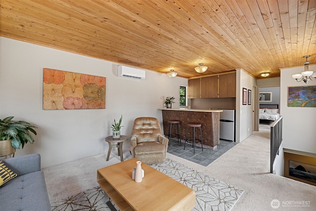 8814 Earl Ave NW, Seattle, WA 98117 - living area with light colored carpet, a wall unit AC, and wooden ceiling
