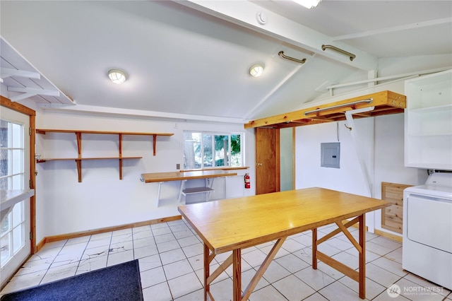 715 Grant St, Port Townsend, WA 98368 - kitchen featuring open shelves, washer / dryer, electric panel, and light tile patterned flooring