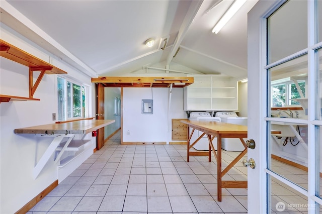 715 Grant St, Port Townsend, WA 98368 - kitchen with washing machine and dryer, plenty of natural light, open shelves, and electric panel