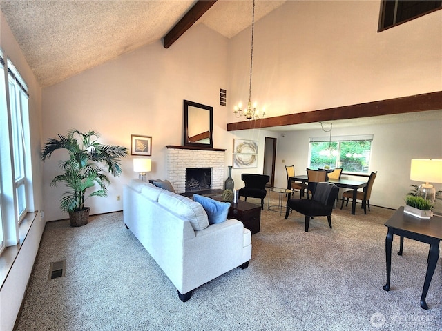 4608 73rd Street Ct E, Tacoma, WA 98443 - living room featuring beam ceiling, carpet floors, a fireplace, high vaulted ceiling, and a chandelier