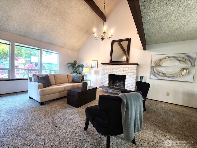 4608 73rd Street Ct E, Tacoma, WA 98443 - living room with carpet, a chandelier, a textured ceiling, and a brick fireplace