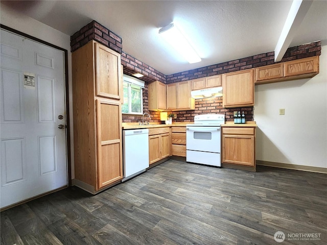 4608 73rd Street Ct E, Tacoma, WA 98443 - kitchen with white appliances, under cabinet range hood, dark wood-type flooring, light countertops, and a textured ceiling