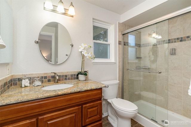 17913 158th Pl SE, Renton, WA 98058 - full bath featuring vanity, toilet, a shower stall, and tasteful backsplash