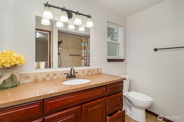 17913 158th Pl SE, Renton, WA 98058 - bathroom with vanity, toilet, a shower with shower curtain, tile patterned flooring, and backsplash