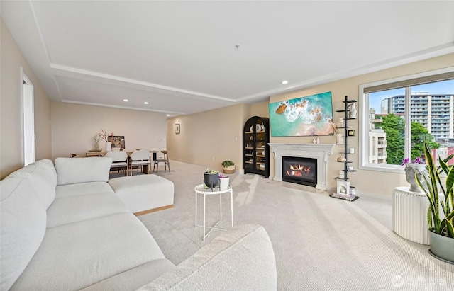 601 W Mercer Pl Unit 201, Seattle, WA 98119 - carpeted living area with a fireplace with flush hearth and recessed lighting