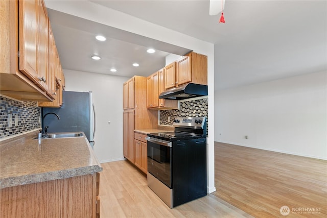 7520 208th St SW Unit A104, Edmonds, WA 98026 - kitchen featuring stainless steel range with electric cooktop, under cabinet range hood, light wood-style flooring, decorative backsplash, and recessed lighting