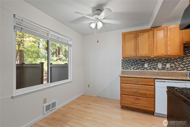 7520 208th St SW Unit A104, Edmonds, WA 98026 - kitchen with white dishwasher, decorative backsplash, light wood finished floors, a ceiling fan, and light countertops
