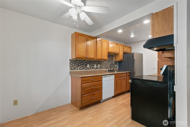 7520 208th St SW Unit A104, Edmonds, WA 98026 - kitchen featuring dishwasher, under cabinet range hood, light wood-style flooring, a ceiling fan, and black range with electric cooktop