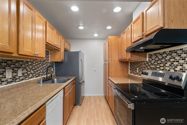 7520 208th St SW Unit A104, Edmonds, WA 98026 - kitchen featuring stainless steel range with electric stovetop, dishwasher, under cabinet range hood, light wood-style floors, and tasteful backsplash