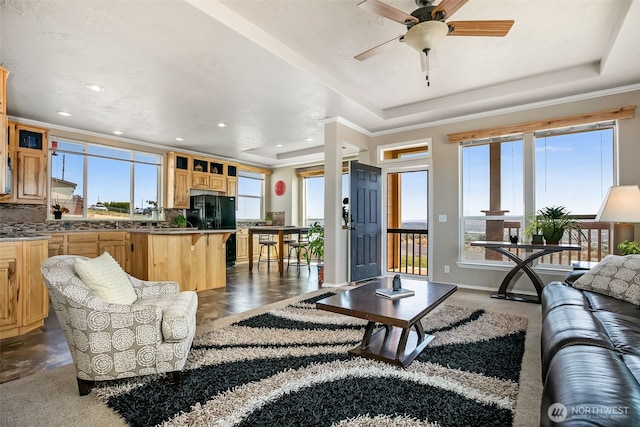 411 Terrett Way, Yakima, WA 98901 - living area with a tray ceiling, recessed lighting, and a ceiling fan