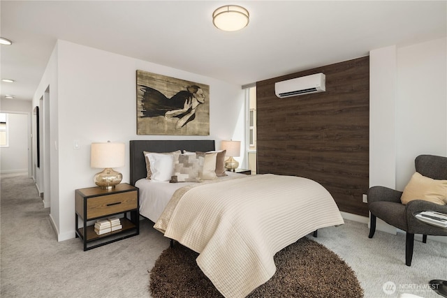 2012 14th Ave S, Seattle, WA 98144 - bedroom featuring a wall mounted AC, light carpet, and wooden walls