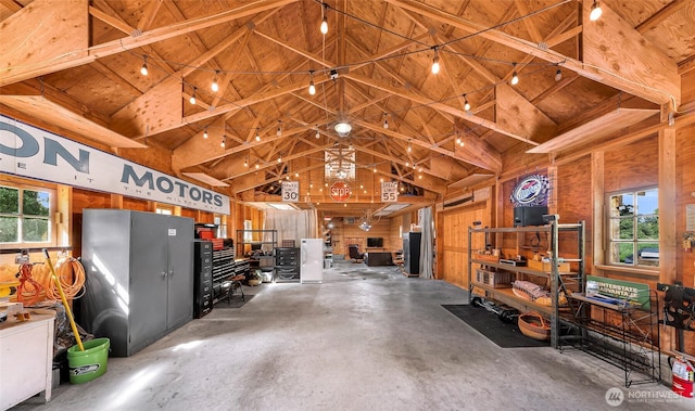 329 Columbia St, Sumas, WA 98295 - misc room featuring concrete flooring, wood ceiling, high vaulted ceiling, and wood walls