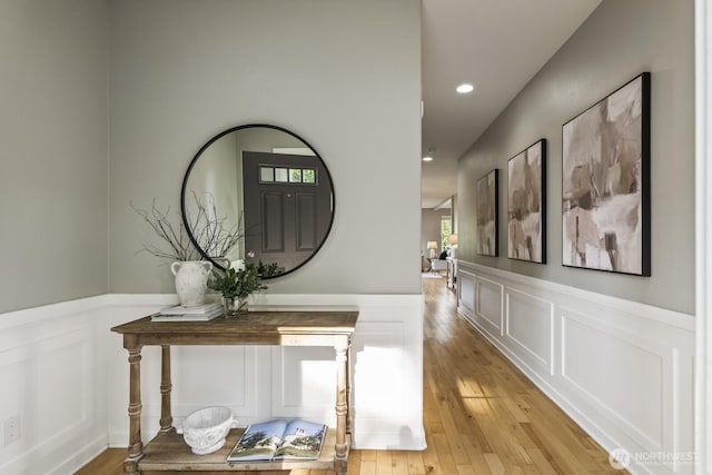 26216 SE 228th Ave SE Unit 26216, Maple Valley, WA 98038 - hall with a decorative wall, a wainscoted wall, recessed lighting, and light wood finished floors