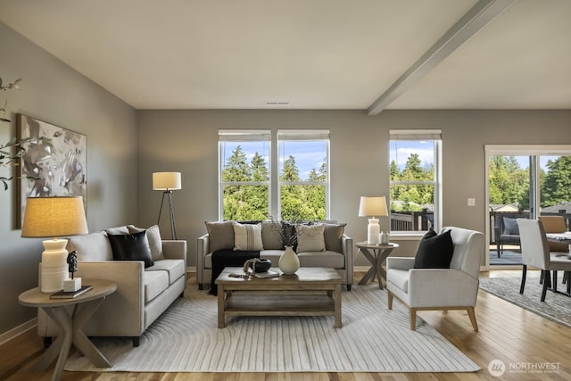 26216 SE 228th Ave SE Unit 26216, Maple Valley, WA 98038 - living room with healthy amount of natural light, wood finished floors, and beam ceiling