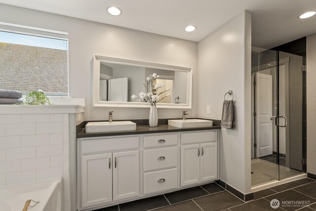 26216 SE 228th Ave SE Unit 26216, Maple Valley, WA 98038 - full bath with tile patterned flooring, a stall shower, double vanity, recessed lighting, and a bath