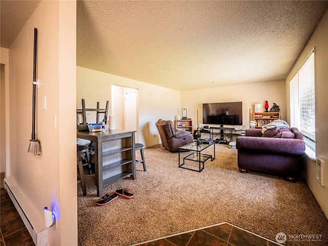 919 Harding Rd, Elma, WA 98541 - living area with dark carpet, a textured ceiling, and dark tile patterned flooring
