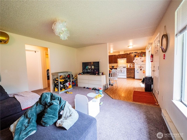 919 Harding Rd, Elma, WA 98541 - living area featuring a textured ceiling, baseboard heating, and light colored carpet