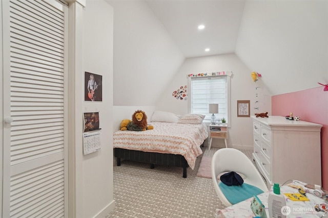 18725 NE 128th Way, Redmond, WA 98052 - bedroom with lofted ceiling, light colored carpet, and recessed lighting