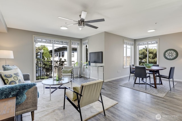 124 Bellevue Ave E Unit 305, Seattle, WA 98102 - living area featuring baseboards, wood finished floors, and a ceiling fan