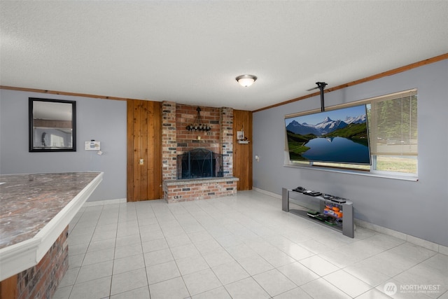 33046 38th Ave SW, Federal Way, WA 98023 - unfurnished living room with a brick fireplace, ornamental molding, wood walls, and a textured ceiling