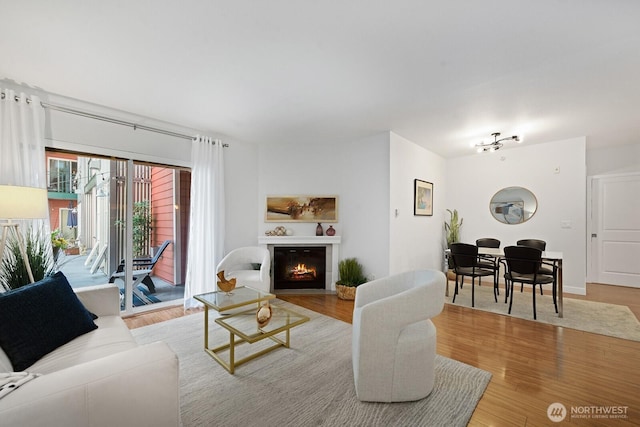 2331 42nd Ave SW Unit 206, Seattle, WA 98116 - living area featuring light wood finished floors and a warm lit fireplace