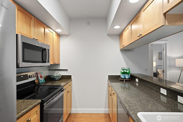 2331 42nd Ave SW Unit 206, Seattle, WA 98116 - kitchen featuring stainless steel appliances, baseboards, light brown cabinets, recessed lighting, and light wood finished floors