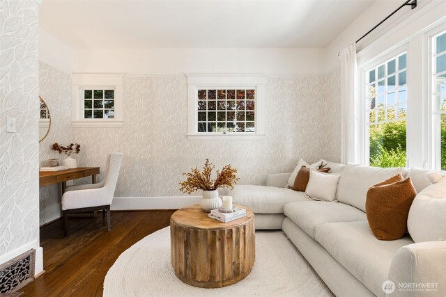 106 W Mcgraw St, Seattle, WA 98119 - living area with wood-type flooring, baseboards, and wallpapered walls