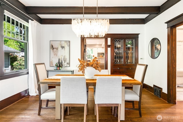 106 W Mcgraw St, Seattle, WA 98119 - dining room featuring a chandelier, beam ceiling, wood finished floors, and baseboards