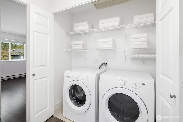 11113 NE 125th Ln Unit E-319, Kirkland, WA 98034 - laundry area with a baseboard heating unit, washing machine and dryer, and tile patterned floors