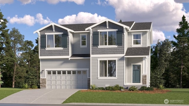 5923 136th St SW, Edmonds, WA 98026 - craftsman-style home featuring a garage, a front lawn, concrete driveway, and stone siding
