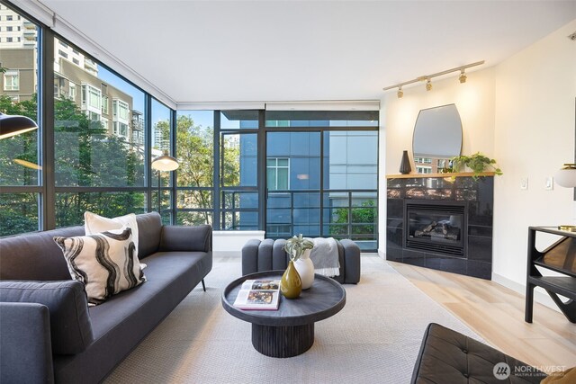 2929 1st Ave Unit 319, Seattle, WA 98121 - living room featuring rail lighting, wood finished floors, a tile fireplace, and a wall of windows