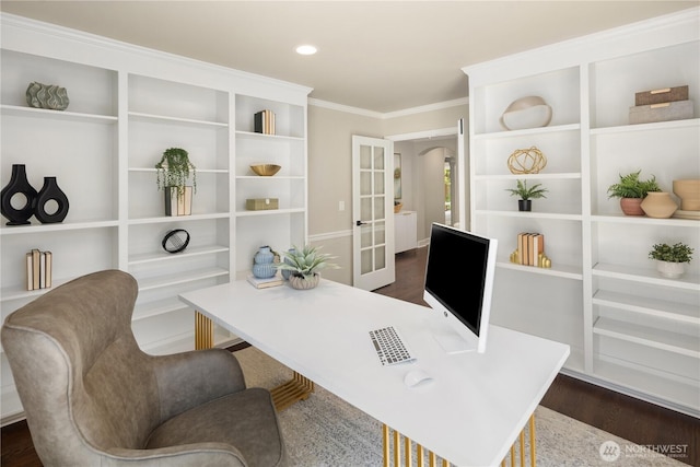 2260 269th Ct SE, Sammamish, WA 98075 - office space featuring french doors, crown molding, dark wood finished floors, arched walkways, and recessed lighting