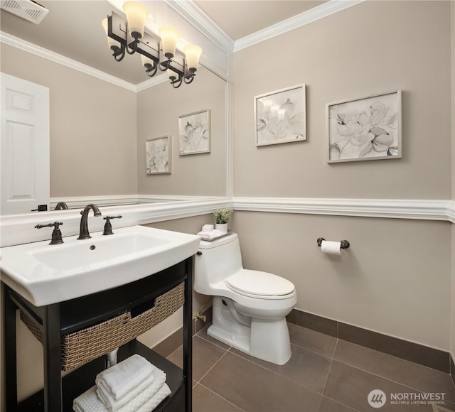 2260 269th Ct SE, Sammamish, WA 98075 - half bathroom featuring toilet, crown molding, tile patterned floors, vanity, and a chandelier