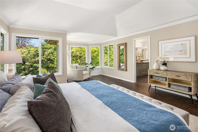 2260 269th Ct SE, Sammamish, WA 98075 - bedroom featuring dark wood-style flooring, crown molding, baseboards, and ensuite bath