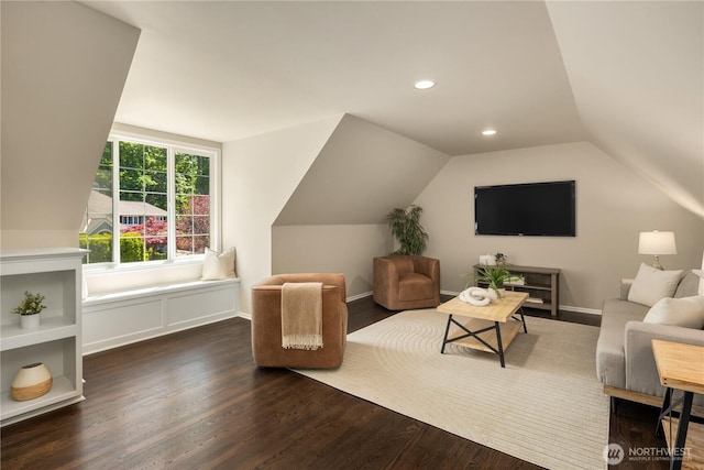 2260 269th Ct SE, Sammamish, WA 98075 - living area with dark wood-style floors, lofted ceiling, and recessed lighting