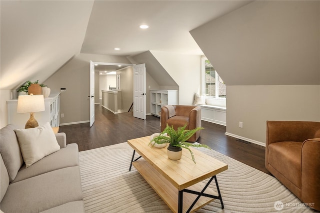 2260 269th Ct SE, Sammamish, WA 98075 - living room with dark wood-style floors, baseboards, lofted ceiling, and recessed lighting