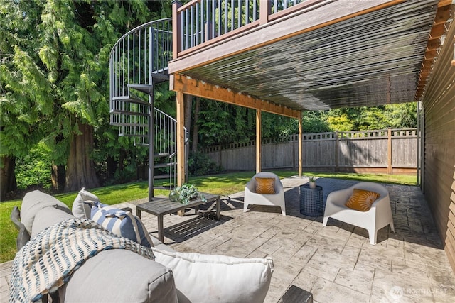 18620 29th Ave SE, Bothell, WA 98012 - fenced backyard featuring an outdoor living space, stairs, and a patio