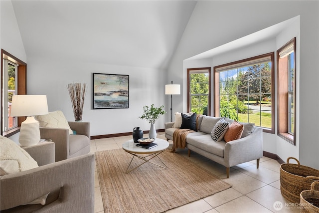 18620 29th Ave SE, Bothell, WA 98012 - living room with light tile patterned floors, high vaulted ceiling, and baseboards