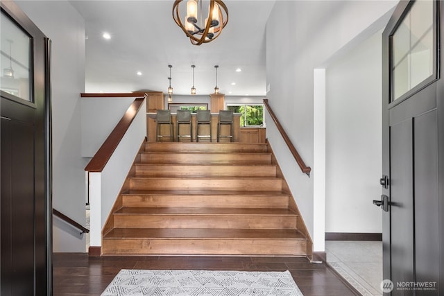18620 29th Ave SE, Bothell, WA 98012 - staircase featuring hardwood / wood-style floors, recessed lighting, and a chandelier