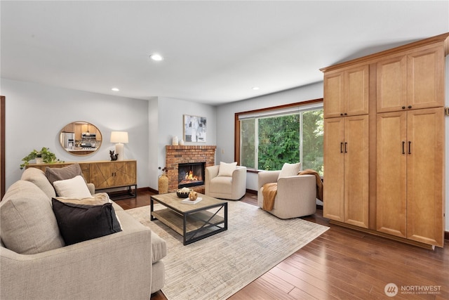 18620 29th Ave SE, Bothell, WA 98012 - living room with dark wood-style floors, recessed lighting, and a brick fireplace