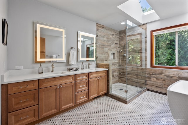 18620 29th Ave SE, Bothell, WA 98012 - bathroom with a skylight, a shower stall, double vanity, and a freestanding tub