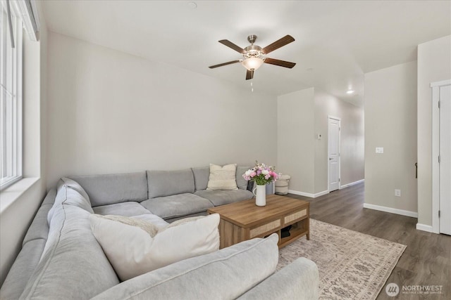 8603 E Gilman Ave, Arlington, WA 98223 - living room with ceiling fan, baseboards, and dark wood-style flooring