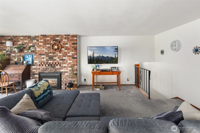 17464 Dunbar Rd Unit 1, Mount Vernon, WA 98273 - carpeted living room featuring a brick fireplace and baseboards