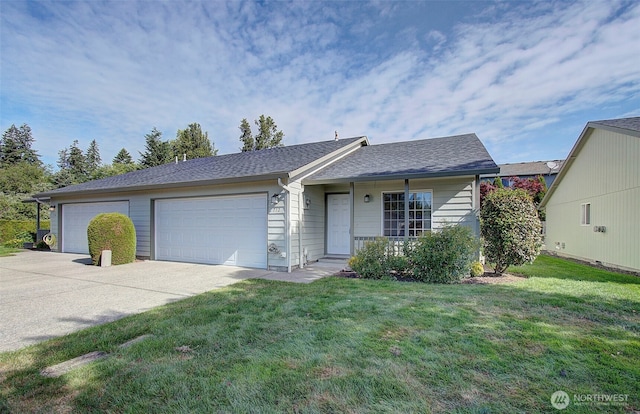 712 SE 5th Way, Battle Ground, WA 98604 - ranch-style home with concrete driveway, a garage, a front lawn, and roof with shingles