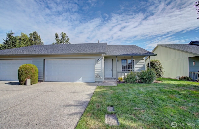 712 SE 5th Way, Battle Ground, WA 98604 - view of front facade with concrete driveway, a front yard, an attached garage, roof with shingles, and covered porch