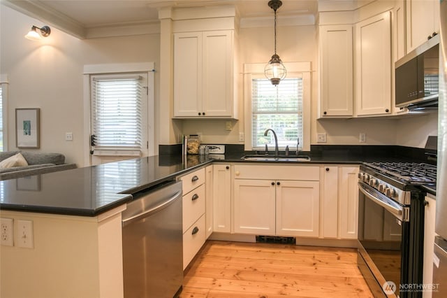 191 Compass St, Pacific Beach, WA 98571 - kitchen featuring stainless steel appliances, crown molding, a peninsula, dark countertops, and light wood-type flooring