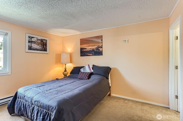 12429 NE 130th Ct NE Unit G304, Kirkland, WA 98034 - carpeted bedroom featuring a textured ceiling, a baseboard radiator, ornamental molding, and baseboards